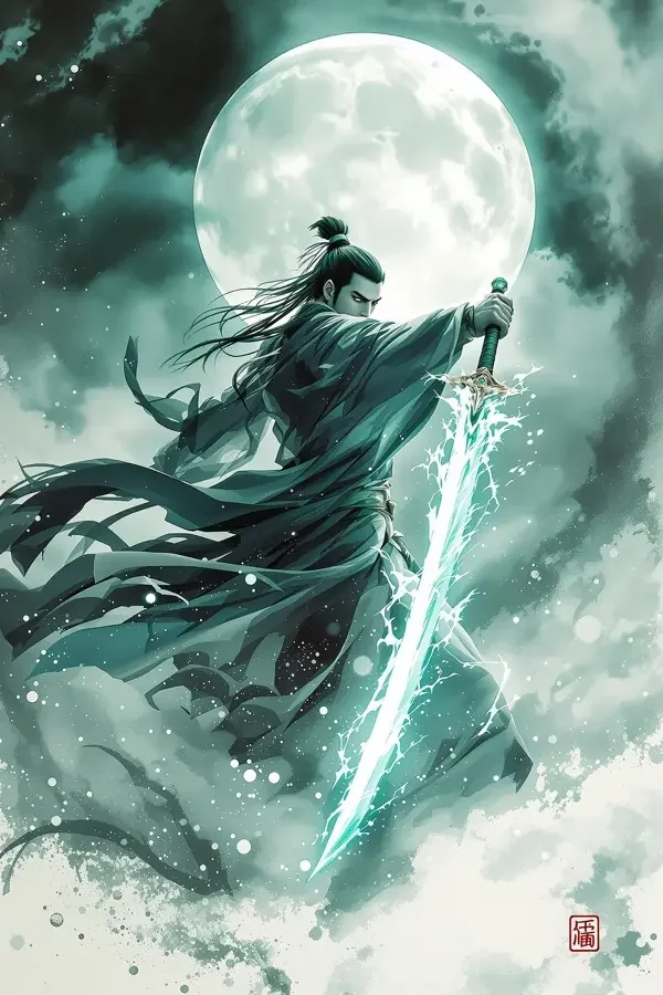电影天堂动作读本：绘画式人物侧身伸臂握剑，剑尖朝画面下方